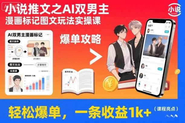 小说推文爆单新玩法：AI双男主漫画标记图文实操课，单条收益破千实战教学-微七七网-是一个专注于全域获客|流量矩阵化打法的团队！