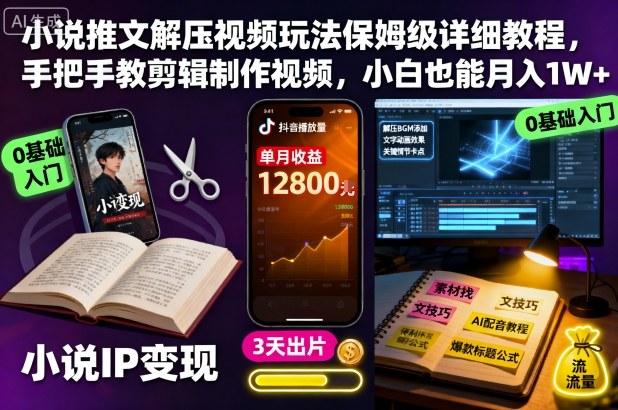 小说推文解压视频赚钱秘籍：零基础剪辑制作全教程，手把手教你月入过万！-微七七网-是一个专注于全域获客|流量矩阵化打法的团队！