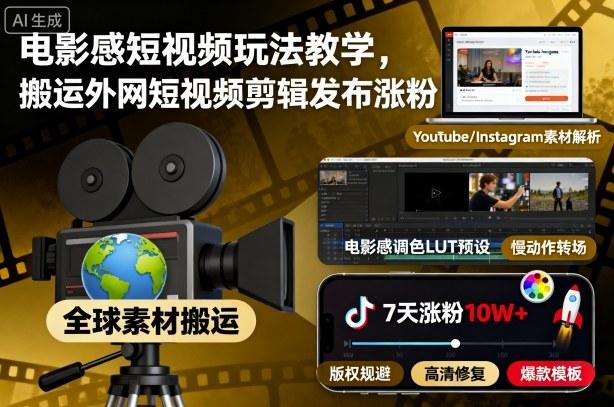 电影感短视频7天涨粉秘诀：外网搬运剪辑发布全攻略-微七七网-是一个专注于全域获客|流量矩阵化打法的团队！