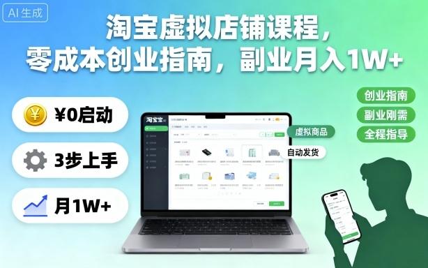 淘宝虚拟店铺零成本创业实战课：副业月入1W+完整指南与秘诀-微七七网-是一个专注于全域获客|流量矩阵化打法的团队！