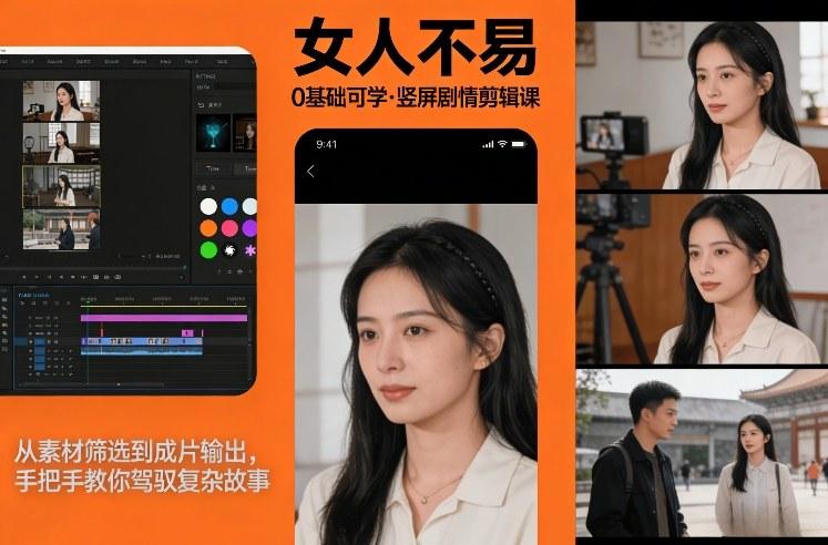 零基础掌握竖屏叙事！《女人不易》剧情剪辑实战课：从素材筛选到成片输出，手把手教你剪出动人故事-微七七网-是一个专注于全域获客|流量矩阵化打法的团队！